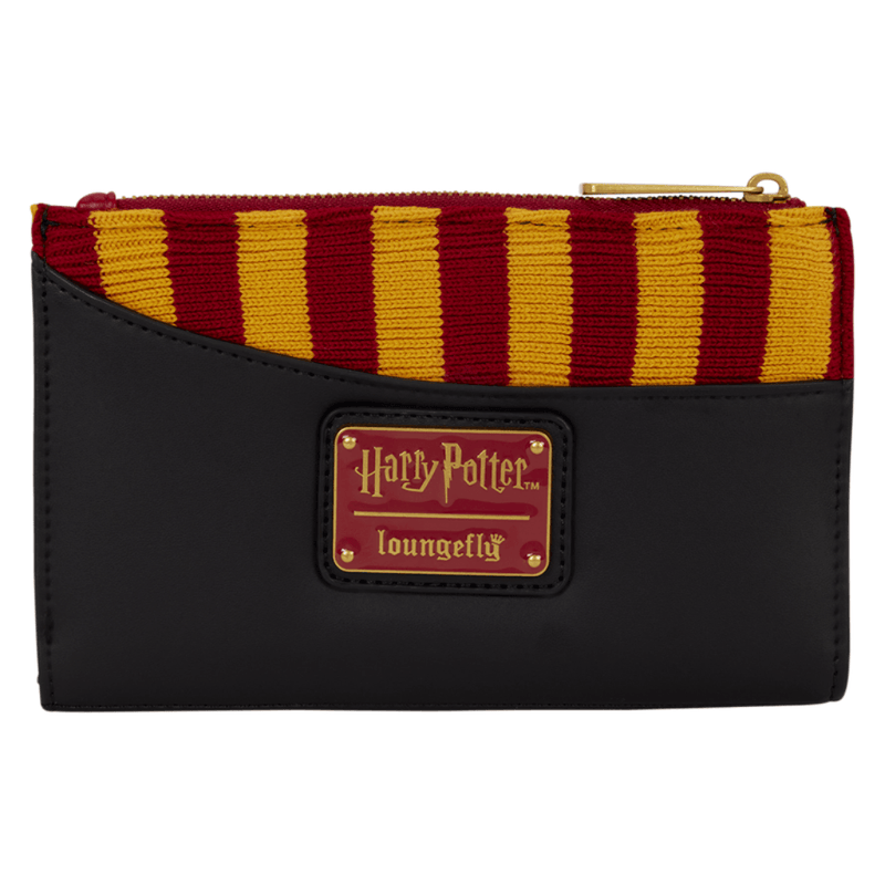 Back of Loungefly Gryffindor Winter Robes Wallet with red and gold striped knit, black polyurethane and Harry Potter Loungefly plaque