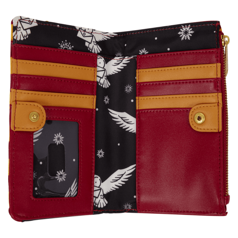 Inside the Loungefly Harry Potter Gryffindor Winter Robes Wallet showing seven card slots, clear ID window and owl-print lining