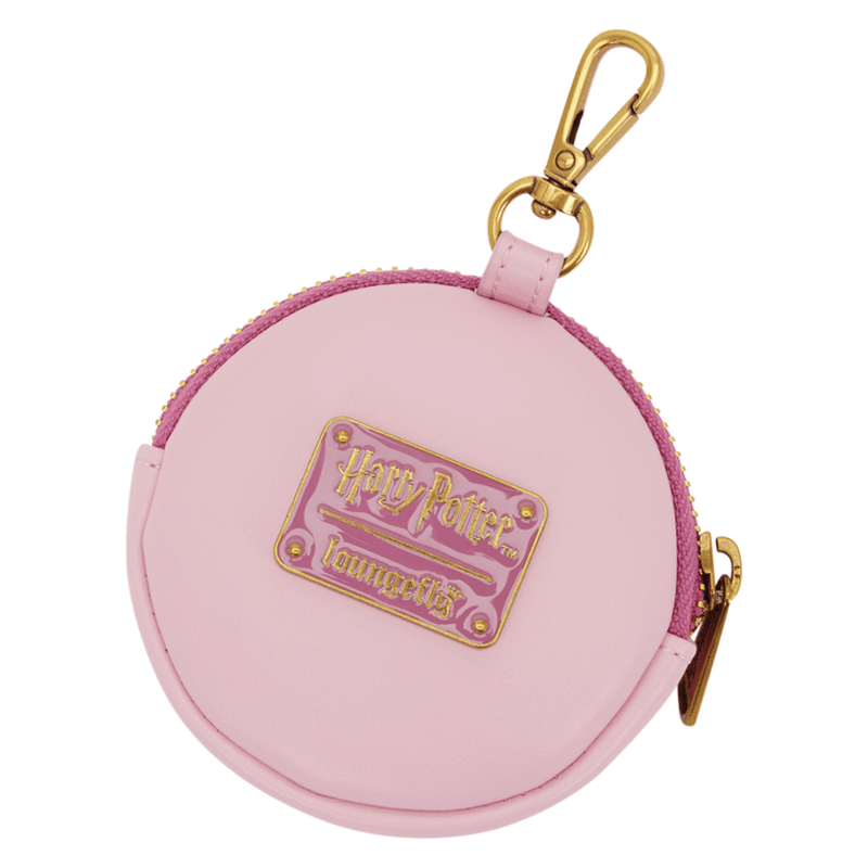 Back of pink Loungefly Harry Potter Hagrid birthday cake coin bag with logo plaque