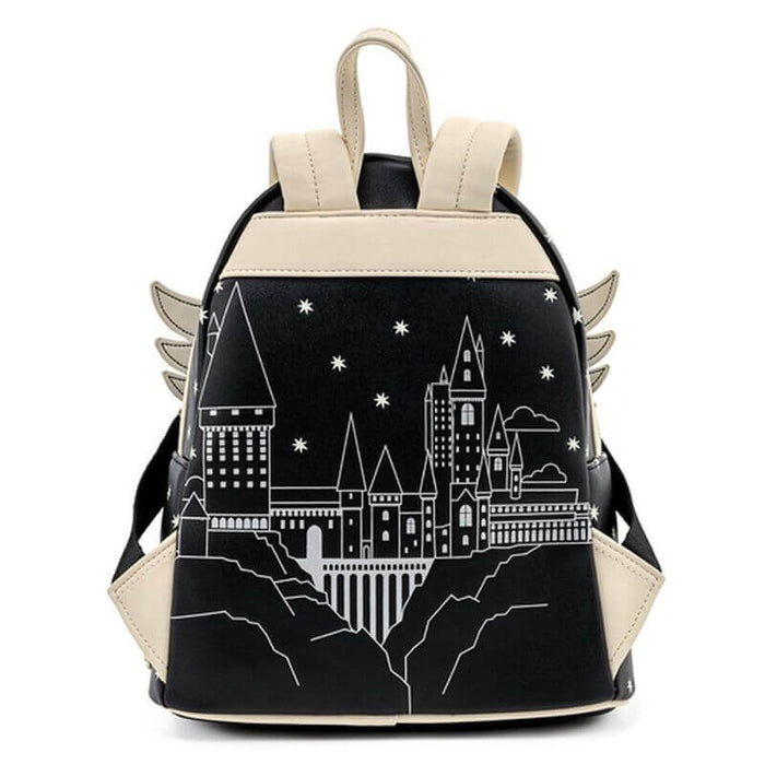 Back view of the Loungefly Harry Potter Hedwig Howler Cosplay Mini Backpack featuring a Hogwarts castle illustration on a black and cream design