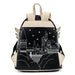 Back view of the Loungefly Harry Potter Hedwig Howler Cosplay Mini Backpack featuring a Hogwarts castle illustration on a black and cream design