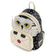 Angled front view of the Loungefly Harry Potter Hedwig Howler Cosplay Mini Backpack with Hedwig owl design and envelope front pocket