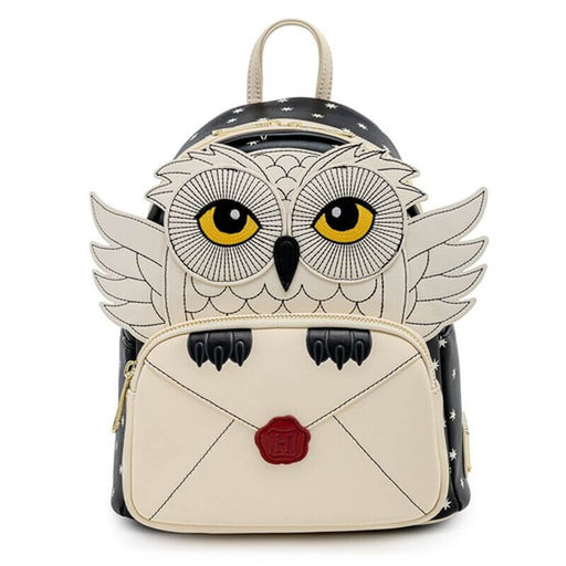 Front view of the Loungefly Harry Potter Hedwig Howler Cosplay Mini Backpack featuring Hedwig wings, yellow eyes and sealed envelope pocket
