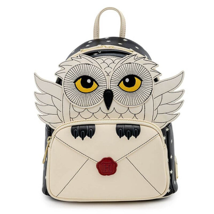 Front view of the Loungefly Harry Potter Hedwig Howler Cosplay Mini Backpack featuring Hedwig wings, yellow eyes and sealed envelope pocket