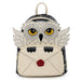 Front view of the Loungefly Harry Potter Hedwig Howler Cosplay Mini Backpack featuring Hedwig wings, yellow eyes and sealed envelope pocket