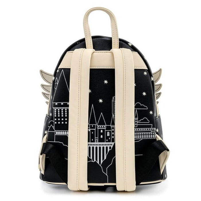 Rear view of the Loungefly Harry Potter Hedwig Howler Cosplay Mini Backpack showing cream shoulder straps and Hogwarts castle artwork