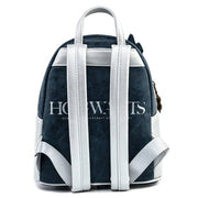 Back of Loungefly Hogwarts Castle mini backpack displaying printed Hogwarts lettering and white straps
