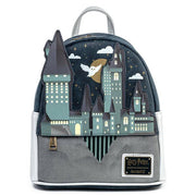 Front view of Loungefly Harry Potter Hogwarts Castle mini backpack with Hedwig and applique towers
