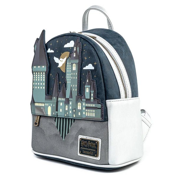 Side view of Loungefly Harry Potter Hogwarts Castle mini backpack showing depth and applique castle design
