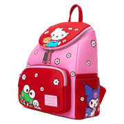 Angled left view of Loungefly Hello Kitty colourblock mini backpack showing Kuromi side pocket and top flap zip – Loungefly bag
