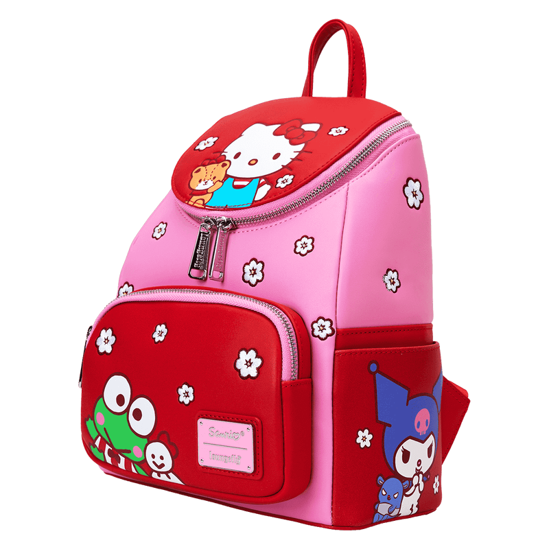 Angled left view of Loungefly Hello Kitty colourblock mini backpack showing Kuromi side pocket and top flap zip – Loungefly bag
