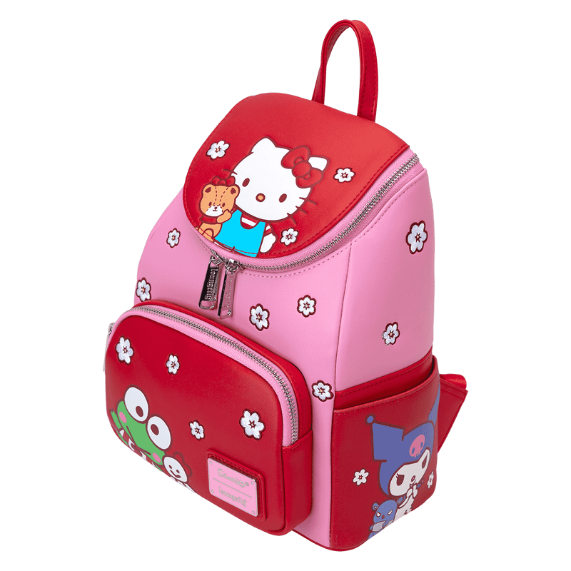 Angled right/top view of Loungefly Hello Kitty colourblock mini backpack highlighting cherry-blossom scatter – Loungefly backpack
