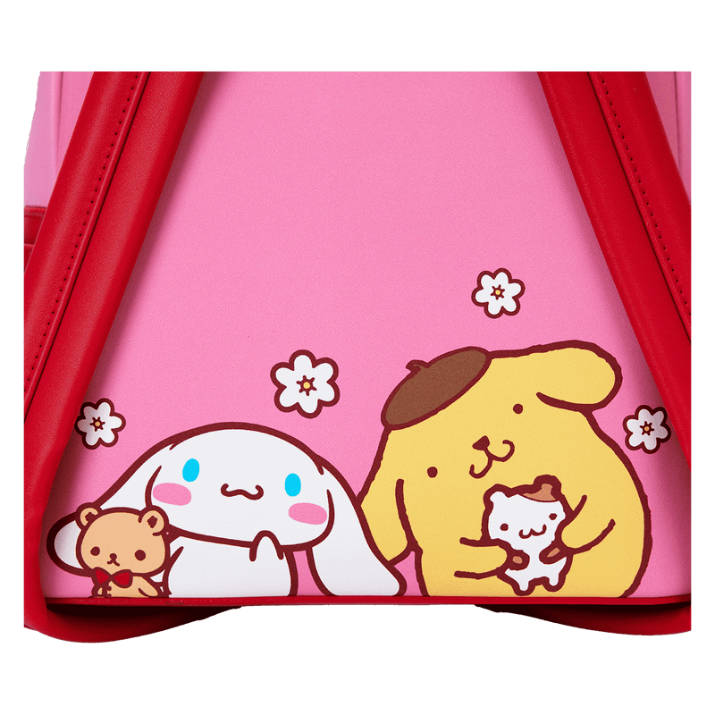 Close-up of back print on Loungefly Hello Kitty colourblock mini backpack with blossom details – Loungefly bags
