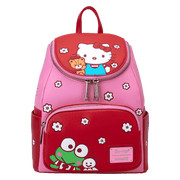 Front view of pink-and-red Loungefly Hello Kitty colourblock mini backpack with Keroppi and blossom print – Loungefly backpack
