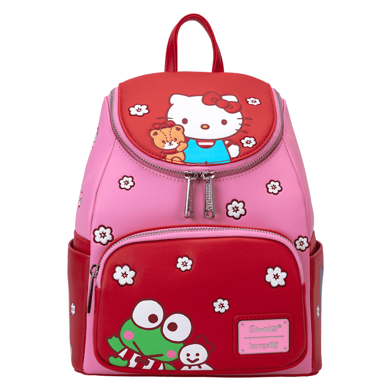 Front view of pink-and-red Loungefly Hello Kitty colourblock mini backpack with Keroppi and blossom print – Loungefly backpack
