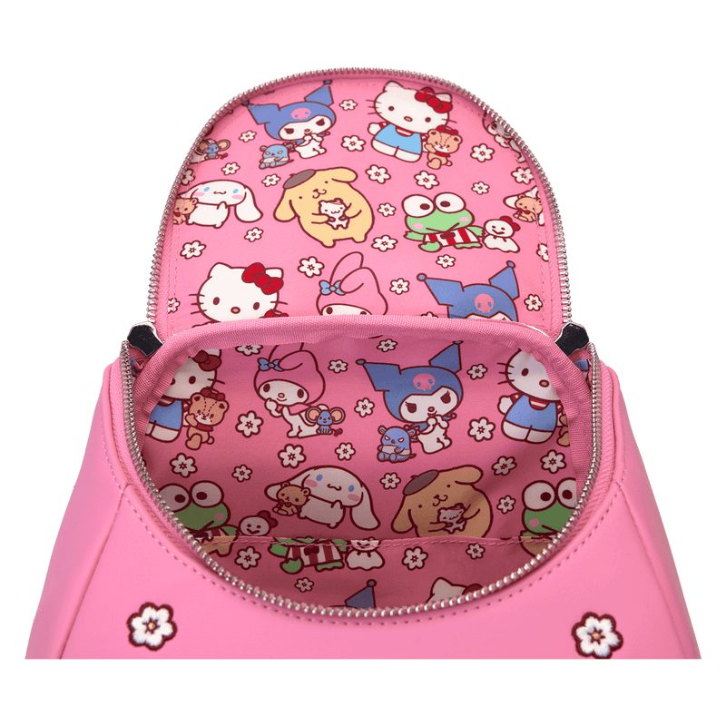 Interior lining of Loungefly Hello Kitty colourblock mini backpack with all-over Sanrio friends pattern – Loungefly bag detail
