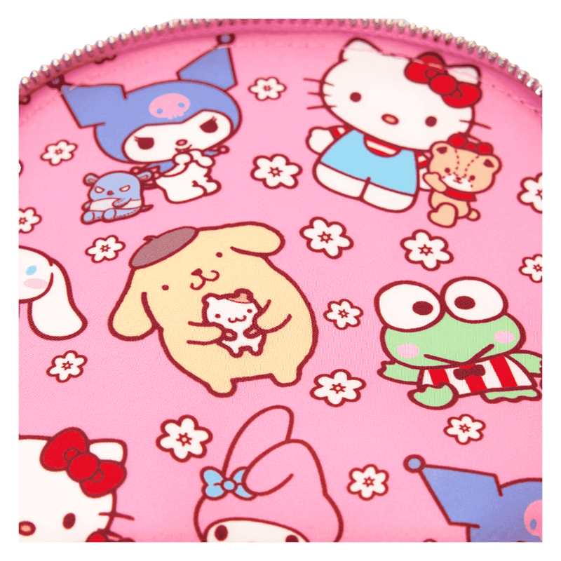 Close-up of printed lining showing Hello Kitty, Keroppi and Kuromi inside Loungefly mini backpack – Loungefly bags
