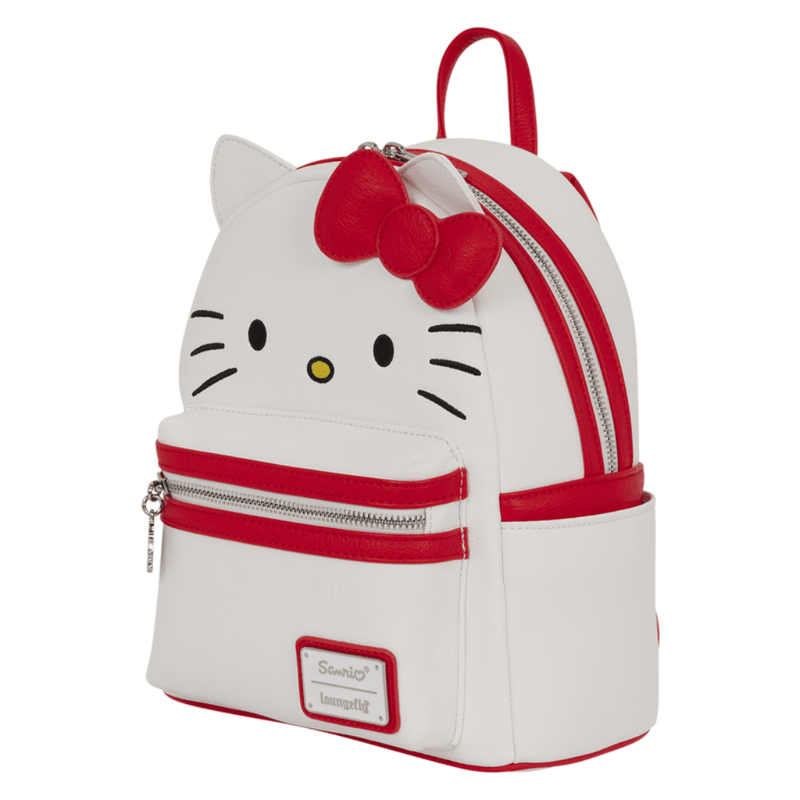 Angled view of Hello Kitty Loungefly Mini Backpack showing raised ears, red bow, silver zips and side pocket