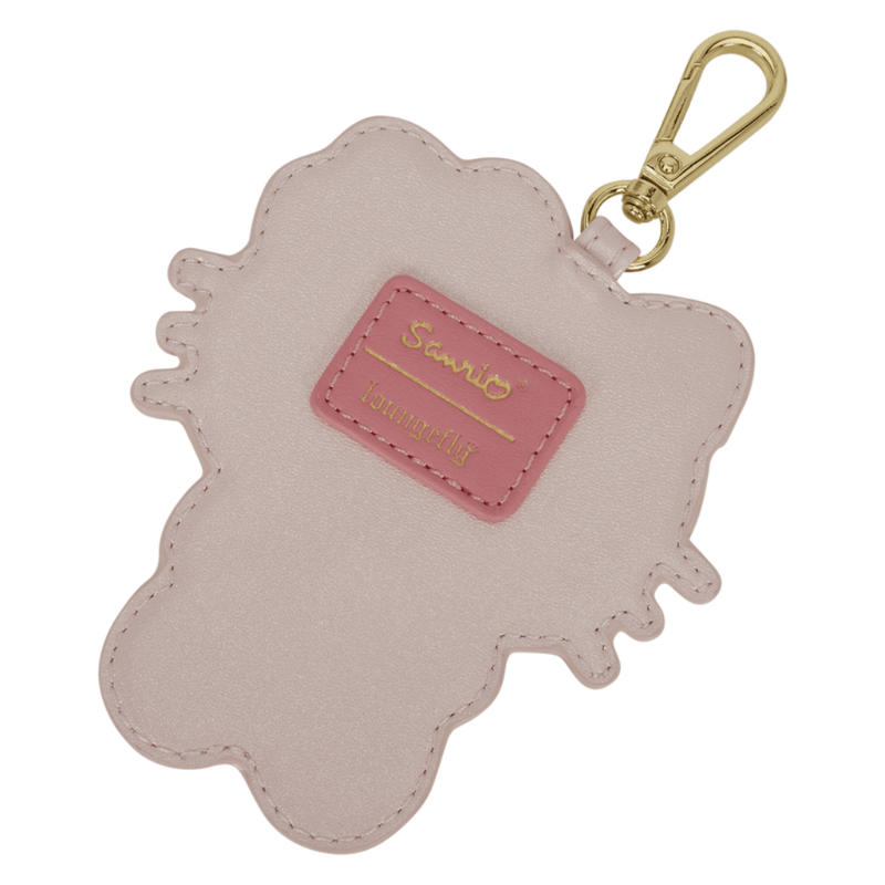 Reverse of detachable Hello Kitty Loungefly character charm showing pale pink polyurethane backing and Sanrio Loungefly branding