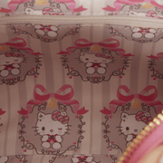 Interior lining of Loungefly Hello Kitty Holiday Quilted Crossbody Bag featuring Hello Kitty illustrations, decorative ribbons and pink stripes