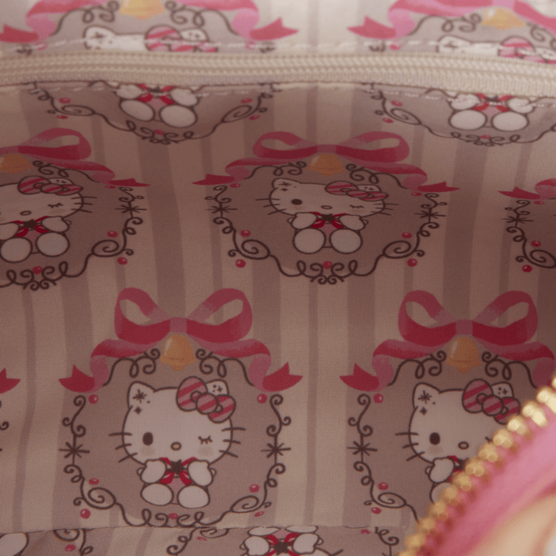Interior lining of Loungefly Hello Kitty Holiday Quilted Crossbody Bag featuring Hello Kitty illustrations, decorative ribbons and pink stripes