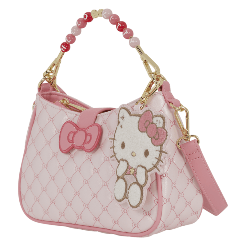 Loungefly Sanrio Hello Kitty Holiday Quilted Crossbody Bag in pink with beaded Hello Kitty handle, bow detail and plush character charm