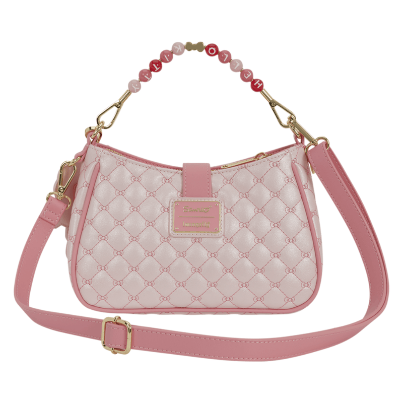 Back of pink Hello Kitty Loungefly Quilted Crossbody Bag showing bow-patterned quilting, adjustable shoulder strap and Sanrio logo plaque