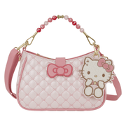 Front view of Loungefly Hello Kitty Holiday Quilted Crossbody Bag with pale pink bow-patterned quilting, beaded handle and detachable plush charm