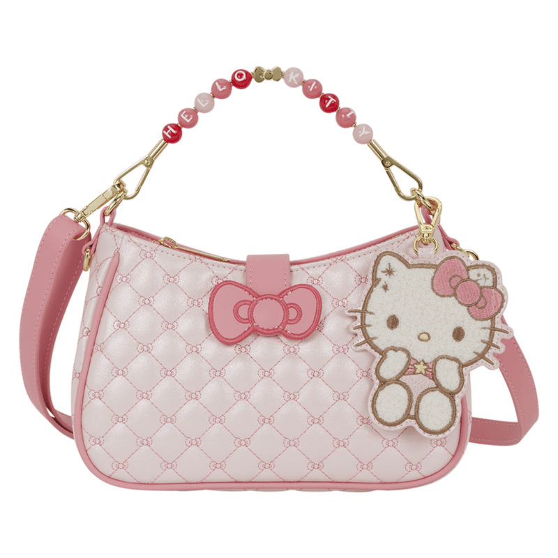 Front view of Loungefly Hello Kitty Holiday Quilted Crossbody Bag with pale pink bow-patterned quilting, beaded handle and detachable plush charm