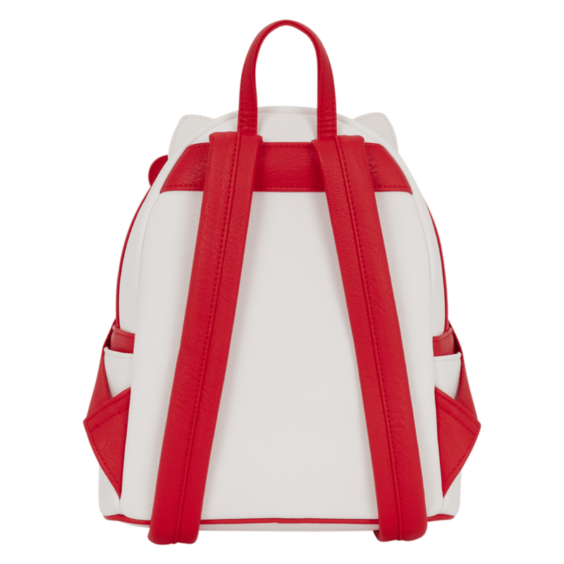 Back of Loungefly Hello Kitty Cosplay Mini Backpack with white polyurethane exterior and adjustable red shoulder straps