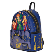 Three-quarter angle of Loungefly Hocus Pocus mini backpack showing Sanderson Sisters, gold stars and side icons