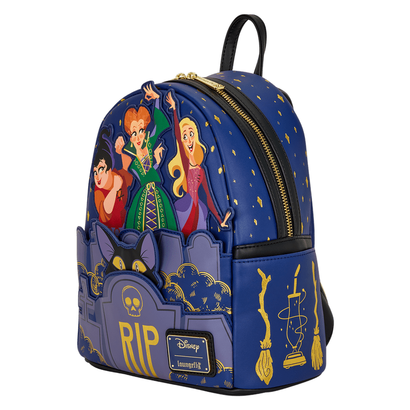 Three-quarter angle of Loungefly Hocus Pocus mini backpack showing Sanderson Sisters, gold stars and side icons