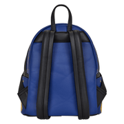 Back view of Loungefly Hocus Pocus Sanderson Sisters mini backpack with blue panel and black straps