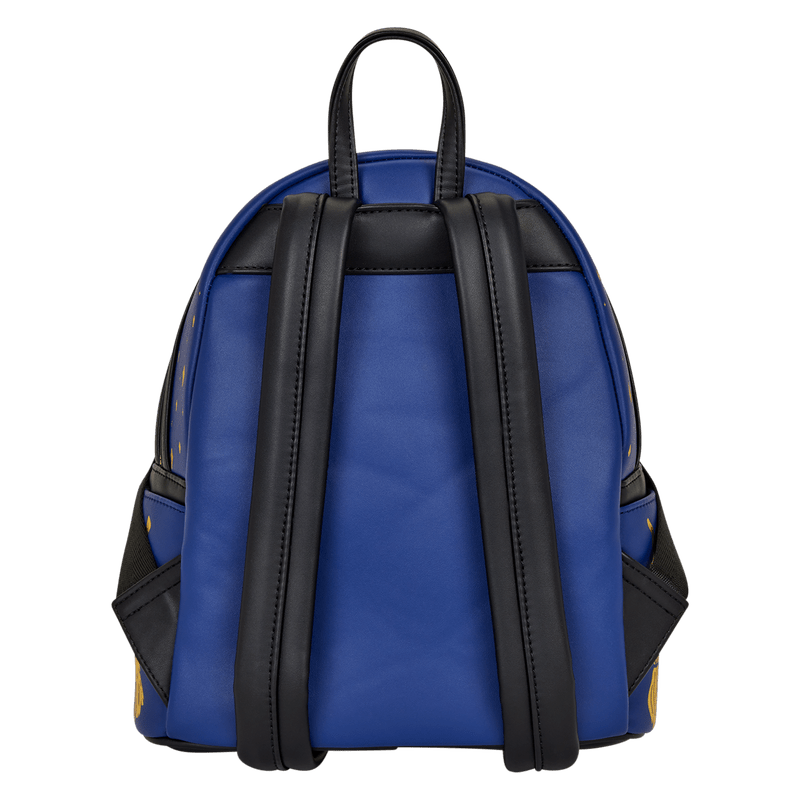 Back view of Loungefly Hocus Pocus Sanderson Sisters mini backpack with blue panel and black straps