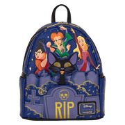 Front view of Loungefly Hocus Pocus Sanderson Sisters mini backpack with Binx cat, RIP tombstone and graveyard scene