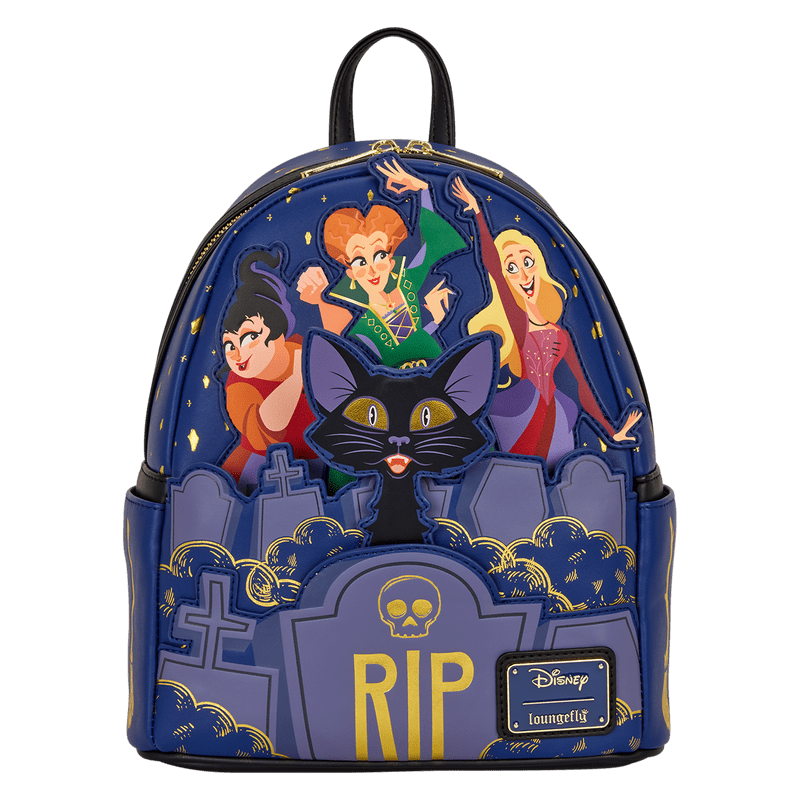 Front view of Loungefly Hocus Pocus Sanderson Sisters mini backpack with Binx cat, RIP tombstone and graveyard scene