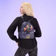 Model wearing the Loungefly Hocus Pocus Sanderson Sisters mini backpack on back, lilac backdrop
