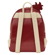 Back view of red Loungefly Home Alone mini backpack with cream straps.