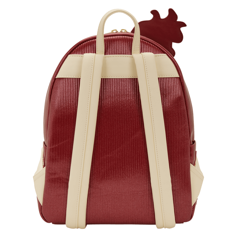 Back view of red Loungefly Home Alone mini backpack with cream straps.