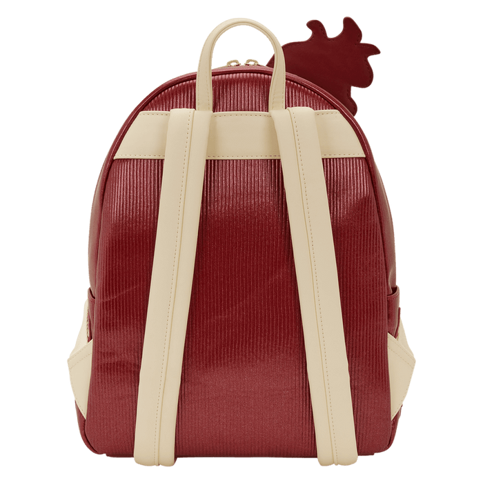 Back view of red Loungefly Home Alone mini backpack with cream straps.