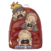 Front view of Loungefly Home Alone Wet Bandits mini backpack with layered character appliques.