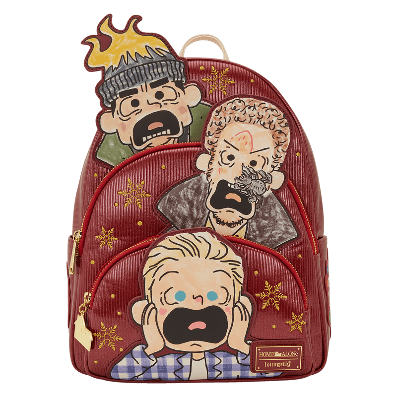 Front view of Loungefly Home Alone Wet Bandits mini backpack with layered character appliques.