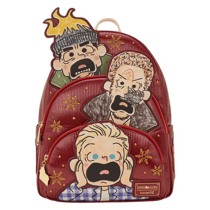 Front view of Loungefly Home Alone Wet Bandits mini backpack with layered character appliques.