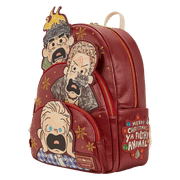 Loungefly Home Alone mini backpack in red with Wet Bandits applique and ‘ya filthy animal’ patch, left angle.