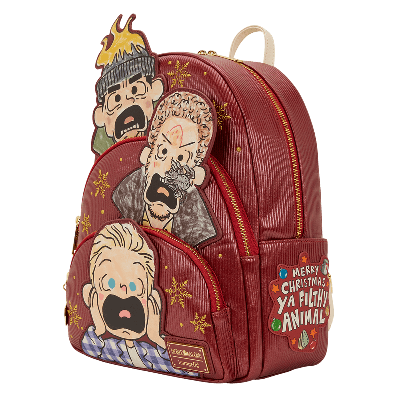 Loungefly Home Alone mini backpack in red with Wet Bandits applique and ‘ya filthy animal’ patch, left angle.