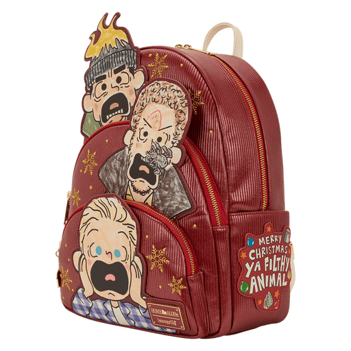 Loungefly Home Alone mini backpack in red with Wet Bandits applique and ‘ya filthy animal’ patch, left angle.