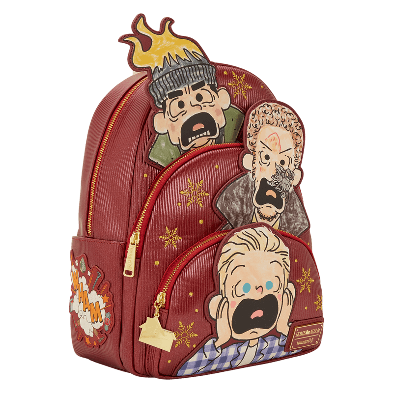 Loungefly Home Alone mini backpack in red with Wet Bandits applique and snowflake embroidery, right angle.