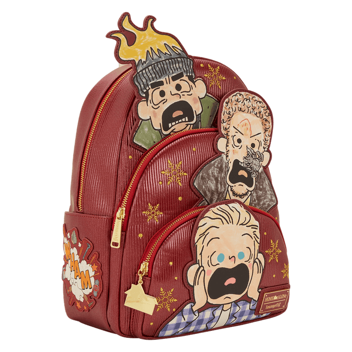 Loungefly Home Alone mini backpack in red with Wet Bandits applique and snowflake embroidery, right angle.