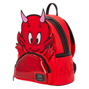 Angled view of Loungefly Hot Stuff mini backpack with side pockets, flame detail and clear front pocket.