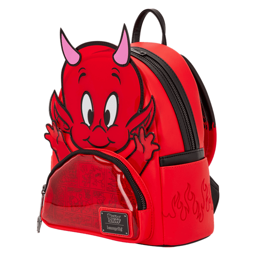 Angled view of Loungefly Hot Stuff mini backpack with side pockets, flame detail and clear front pocket.